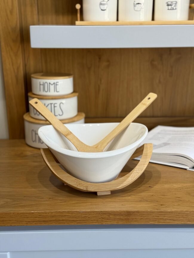 Porcelain Serving Bowl with Wooden Base and Utensils - Image 2