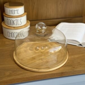 Serving Stand with Wooden Base & Glass Dome