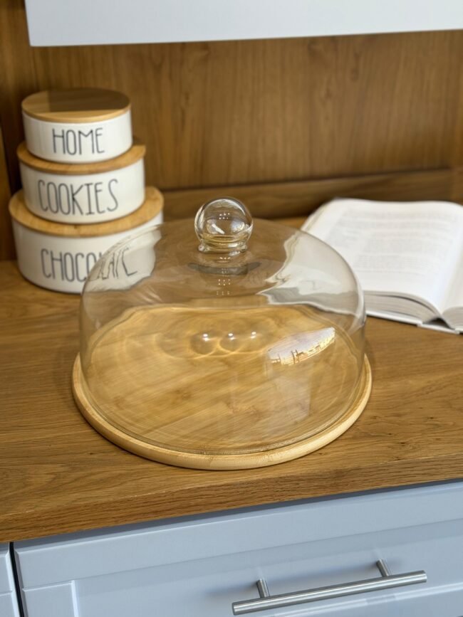 Serving Stand with Wooden Base & Glass Dome