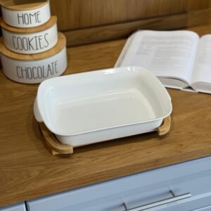 Porcelain Serving Dish with Wooden Stand