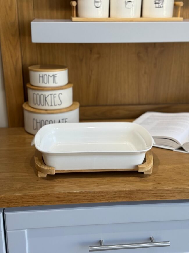 Porcelain Serving Dish with Wooden Stand - Image 4