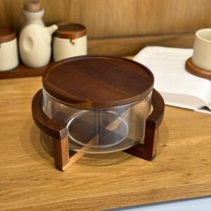 Glass Serving Dish with Wooden Lid and Stand