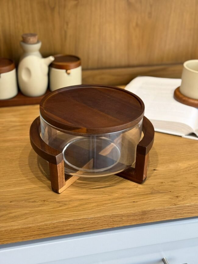 Glass Serving Dish with Wooden Lid and Stand
